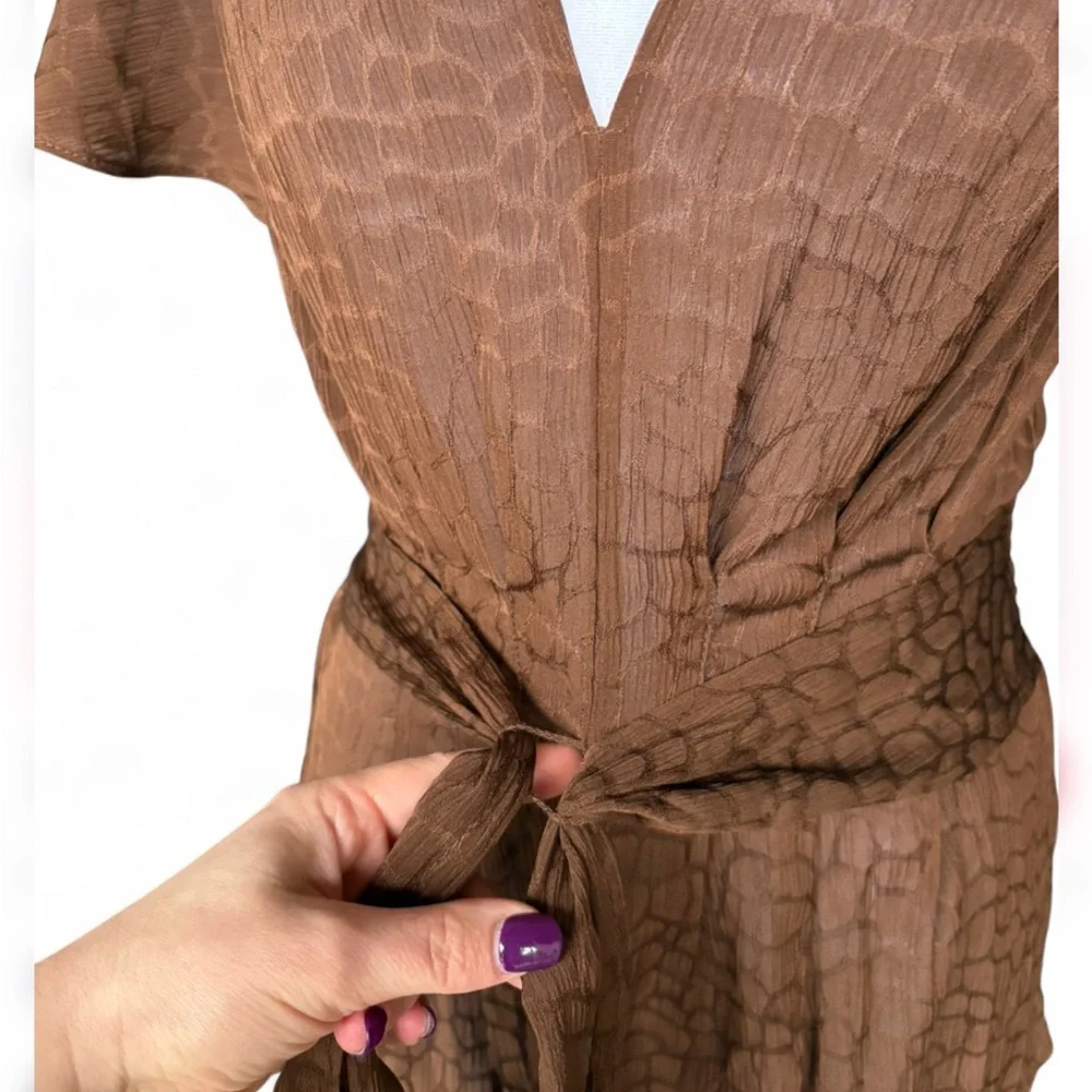 Brown Textured Wrap Blouse Tie Waist Flutter Sleeve Boho Top